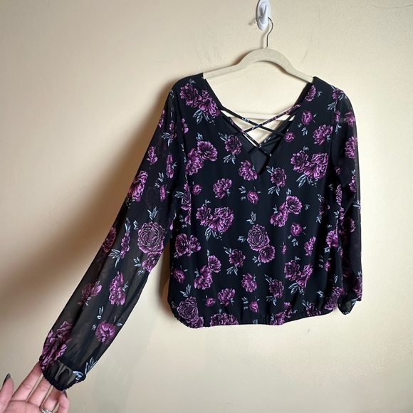 Torrid Black Pink Floral Chiffon Cage Crisscross Back Blouse Women’s Size 1X - Picture 6 of 13